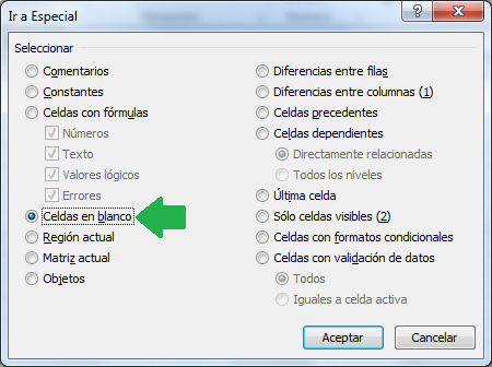 Seleccionar celdas en blanco en Excel