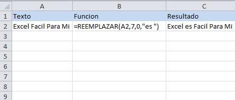 Función de texto de excel: REEMPLAZAR, reemplaza un grupo de letras por otro.