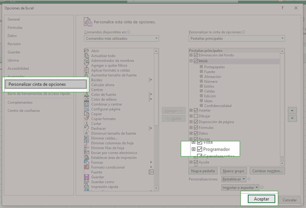 Opciones de Excel, desde aqui puedes activar el menu programador