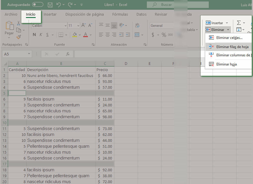 Eliminar filas en Excel