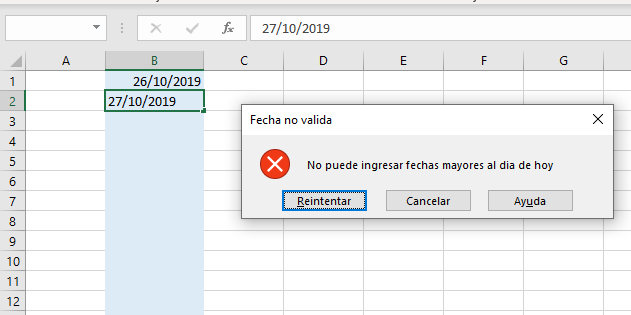Mensaje de error - fecha no válida en Excel