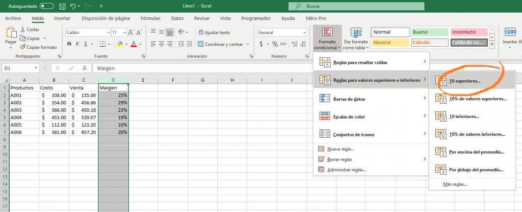 Agregar un formato condicional para encontrar los valores más altos en Excel