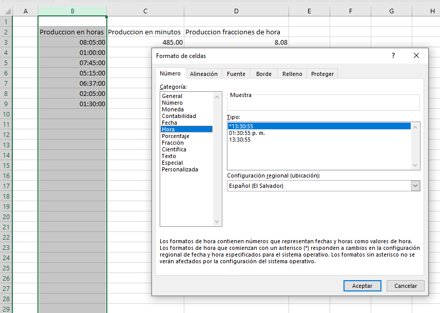 Colocar formato de hora en una columna de Excel