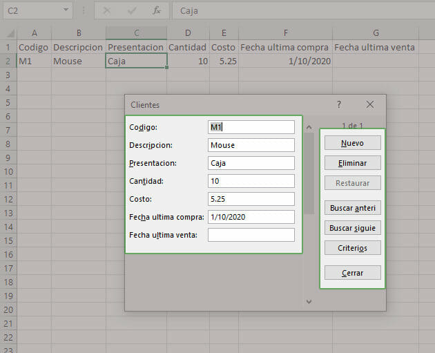 Formulario para ingreso de datos en Excel, generado dinamicamente
