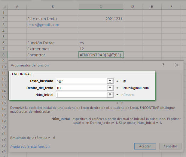 Función de texto de Excel: ENCONTRAR, busca una cadena de texto