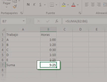 Resultado de suma de horas en Excel